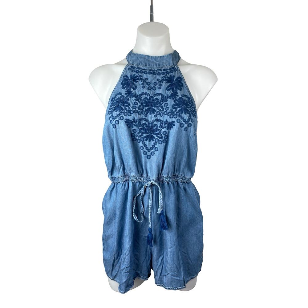 Blue Rair Blue Embroidered Halter Floral Sleeveless Chambray Romper Shorts Sz M